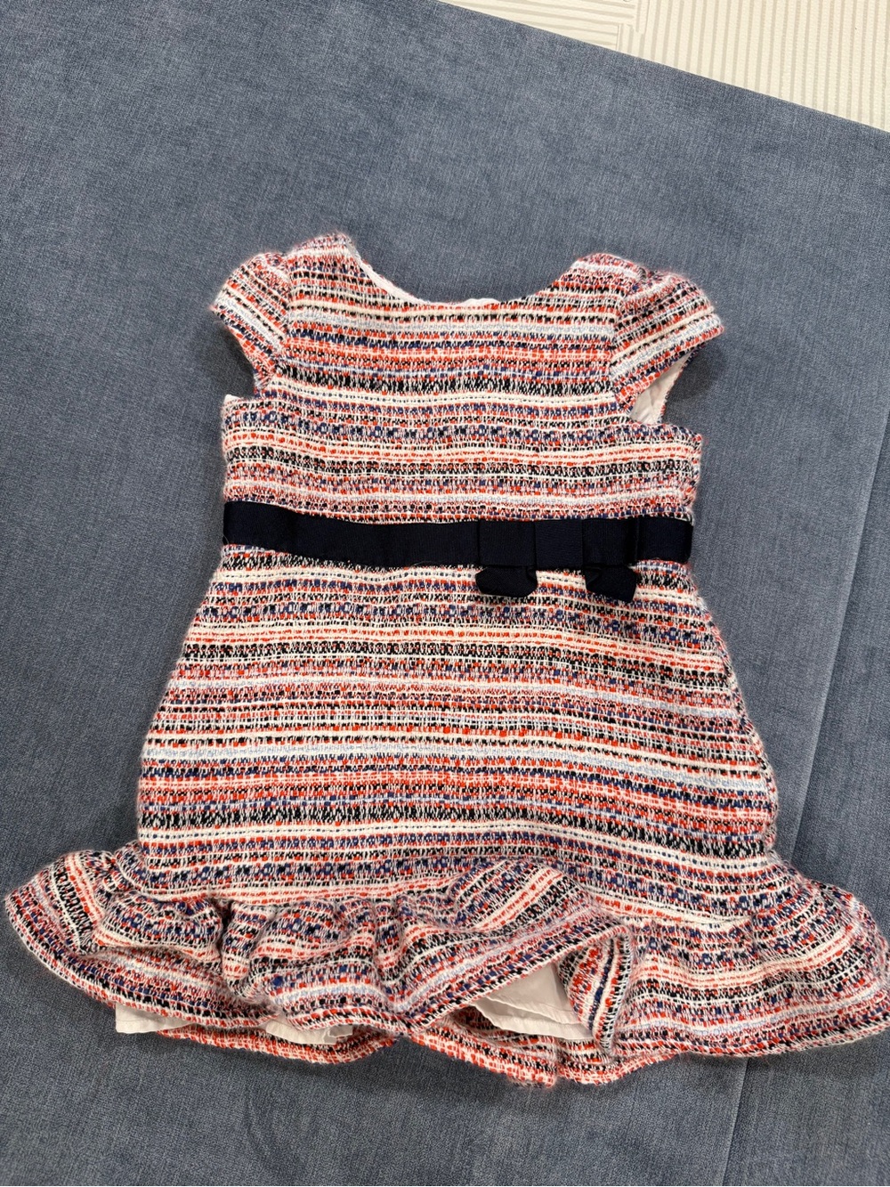 Janie and Jack Striped Tweed Dress with Navy Waist Bow